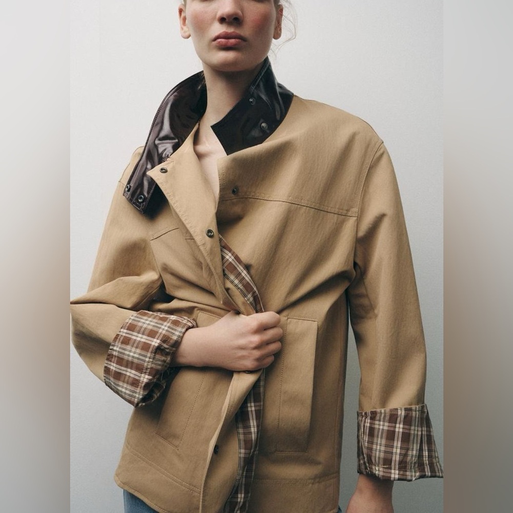 Zara Contrast Collar Jacket with Plaid Lining ZW Collection NWT - Picture 2 of 11